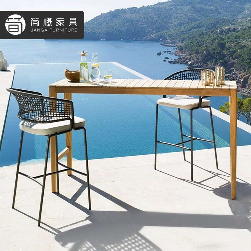 高端柚木吧台椅餐厅酒吧露天桌椅高脚凳休闲户外藤吧台桌椅三件套