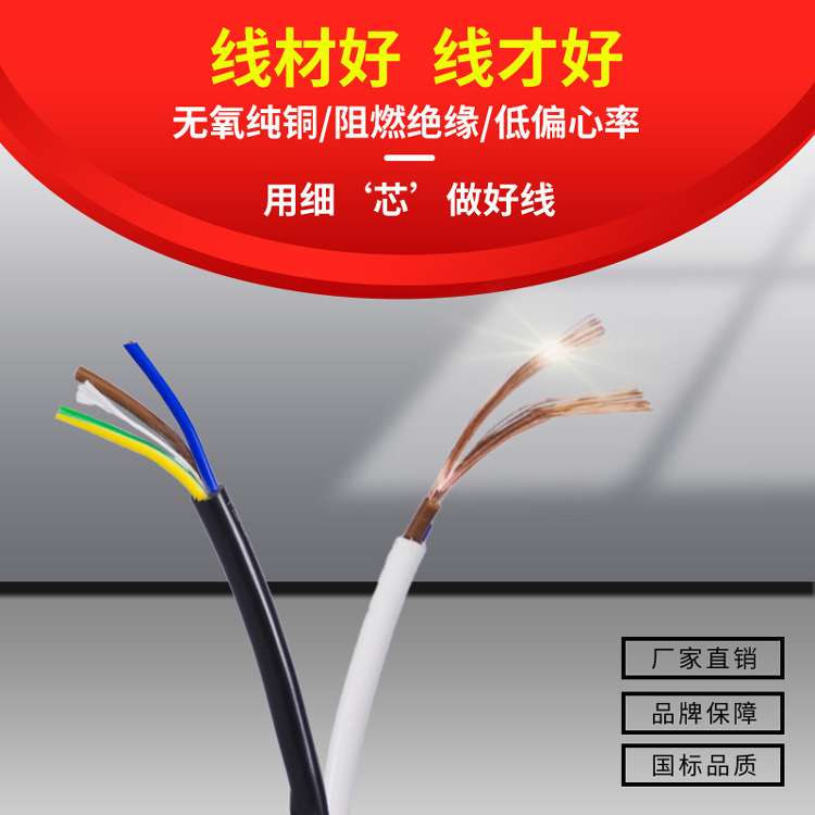 永壹珠江牌国标纯铜2芯 RVV软电线护套线铜芯电源线电缆厂家