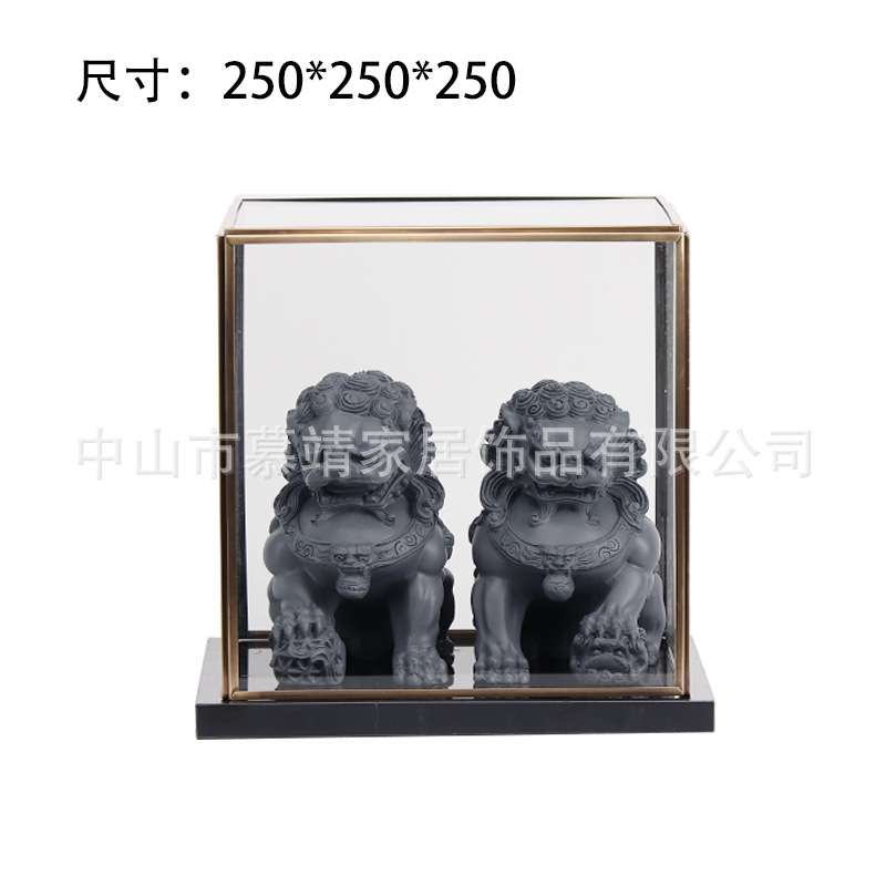 现代新中式透明玻璃罩树脂狮子摆件客厅茶几样板房售楼处饰品摆设