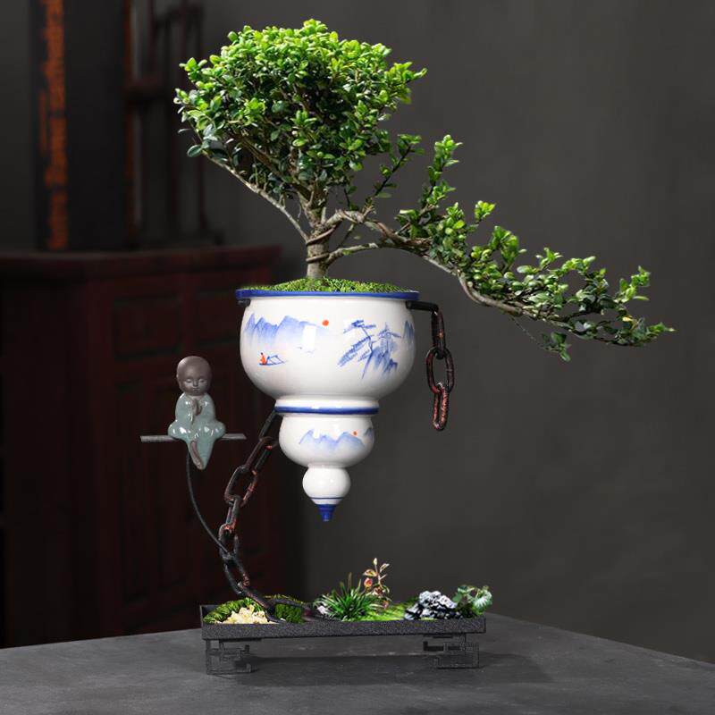 陶瓷花盆中国风设计悬挂式蝴蝶兰铁艺文竹多肉盆景桌面地面两用花