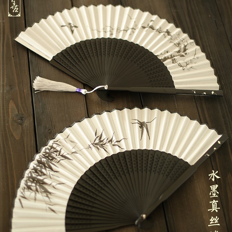 吉善中国风扇子女士丝绸扇黑白折扇水墨古风竹扇男女6.5寸舞蹈扇