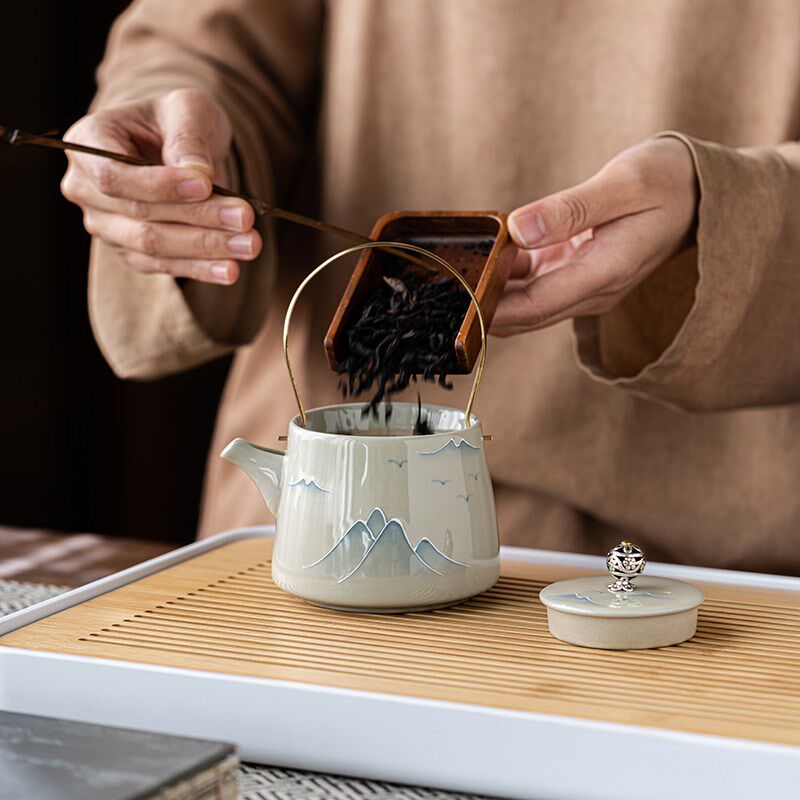 画续草木灰手绘提梁壶功夫茶具茶壶套装家用客厅喝茶杯带茶盘整套