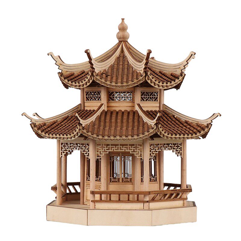 中式禅意传统古建筑模型八角亭子木质工艺品售楼部样板间博古架