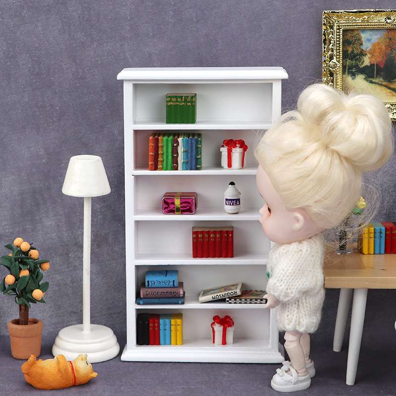 1:12娃娃屋dollhouse别墅迷你家具模型橱柜壁柜复古书房白色书柜