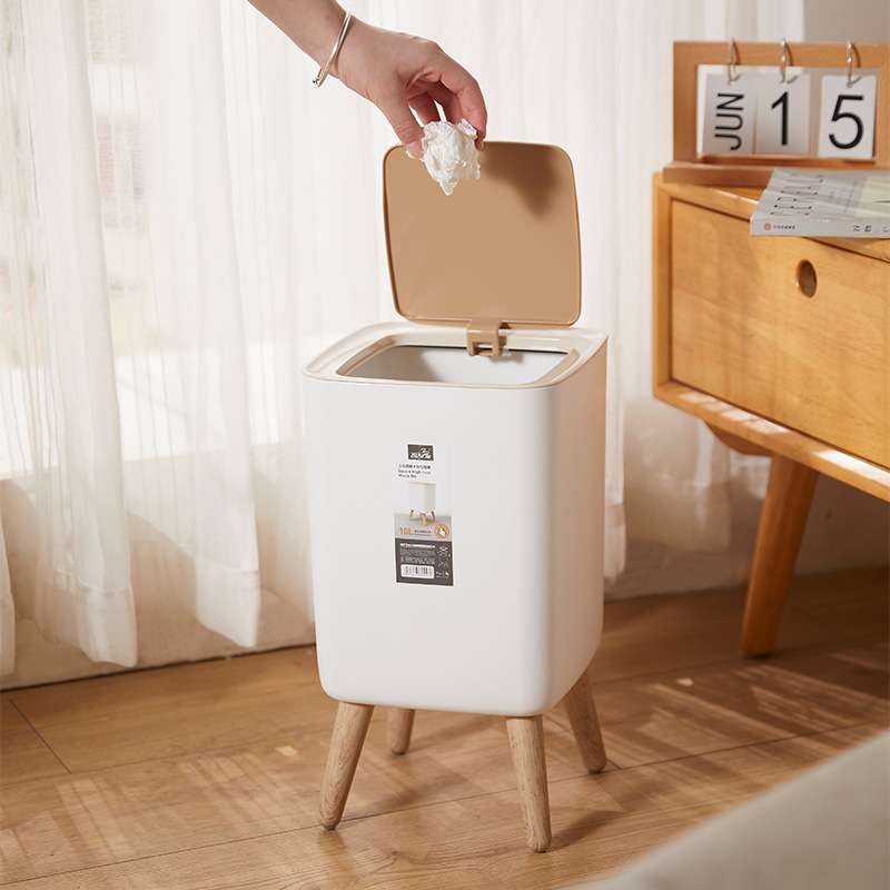 高脚大容量垃圾桶家用轻奢按压弹盖式创意方形木纹垃圾桶10L