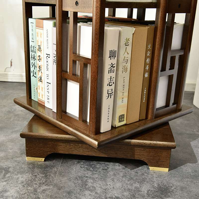 家逸实木书架旋转书架360度移动书柜客厅落地置物架轻奢收纳书橱