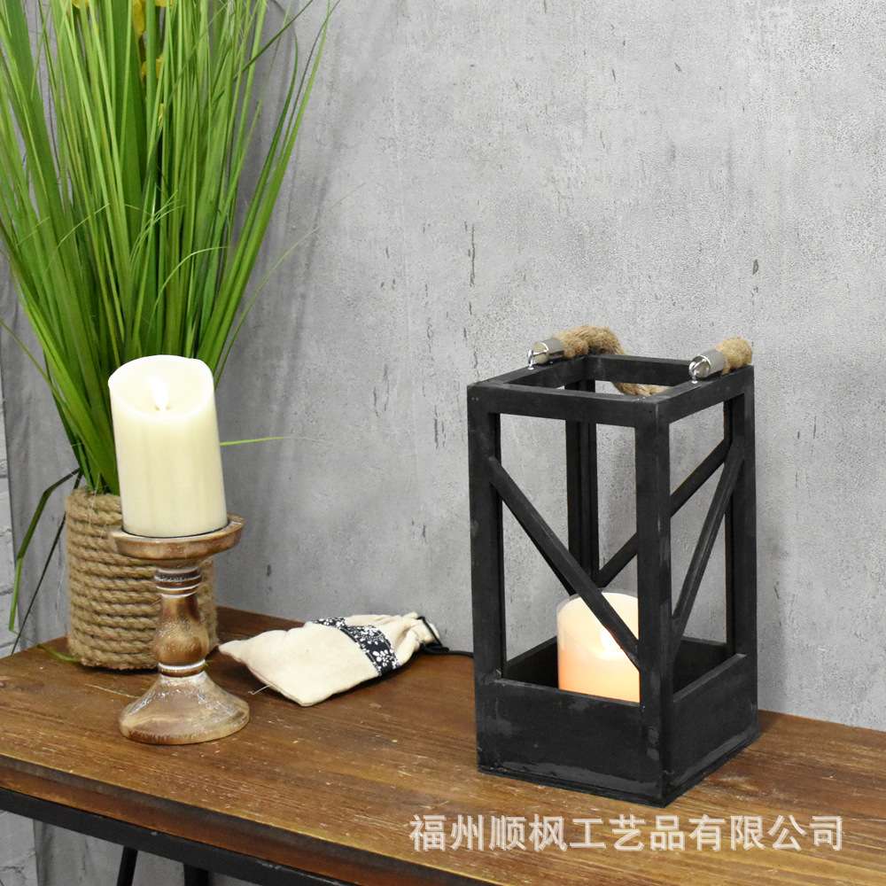 厂家直销复古木质黑色烛台风灯悬挂蜡烛台装饰工艺品