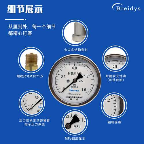 正装轴向耐震压力表YN100Z高精度压力表气压液压油压压力表1.6MPa