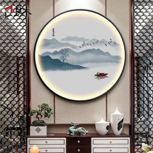 氛围感LED发光灯画新中式圆形玄关装饰画禅意水墨山水客厅壁画