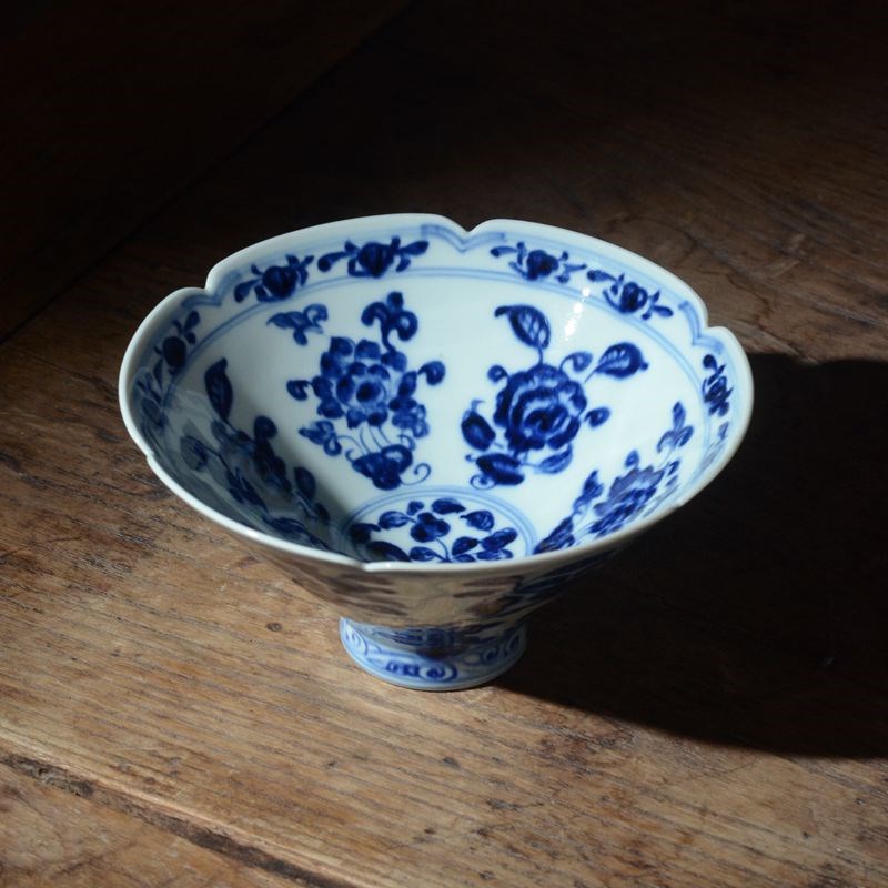 景德镇手工花边釉下仿古青花仿明陶瓷斗笠碗 茶碗面碗菜碗 茶点碗