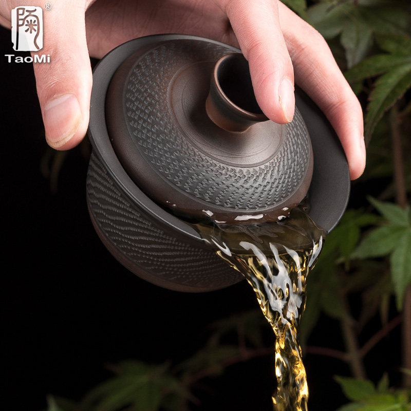 陶迷云南建水紫陶三才盖碗茶杯紫砂纯手工家用泡茶碗坭兴陶瓷茶具