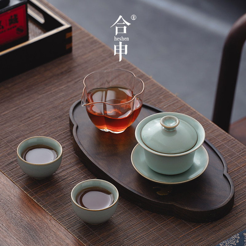 汝窑盖碗茶杯一人用功夫茶具小套装两杯简约陶瓷泡茶碗开片冰裂纹