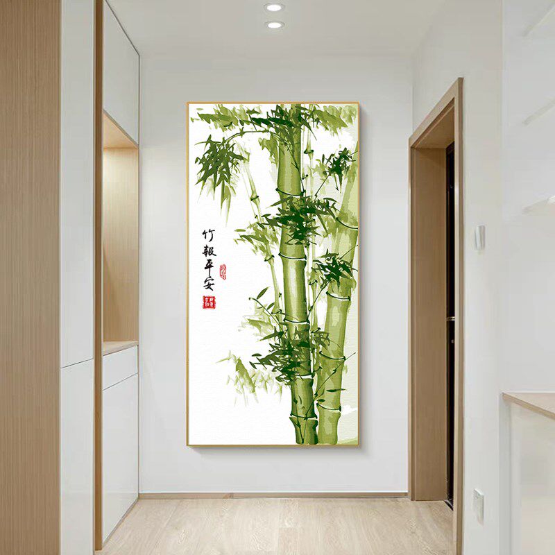 竖版大幅竹报平安DIY数字油画新中式客厅玄关装饰画水墨竹子挂画