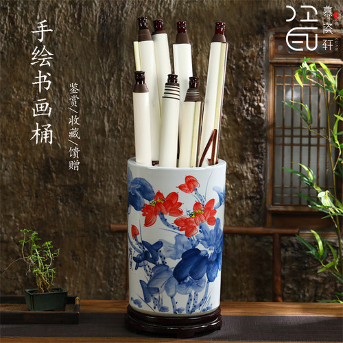 景德镇陶瓷手绘书画桶大号箭筒字画卷轴收纳缸客厅办公室落地花瓶