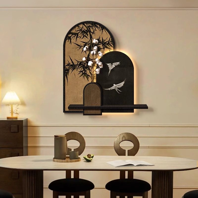 法式中古风餐厅装饰画中式复古餐桌背景墙挂画高级感竹子客厅壁画