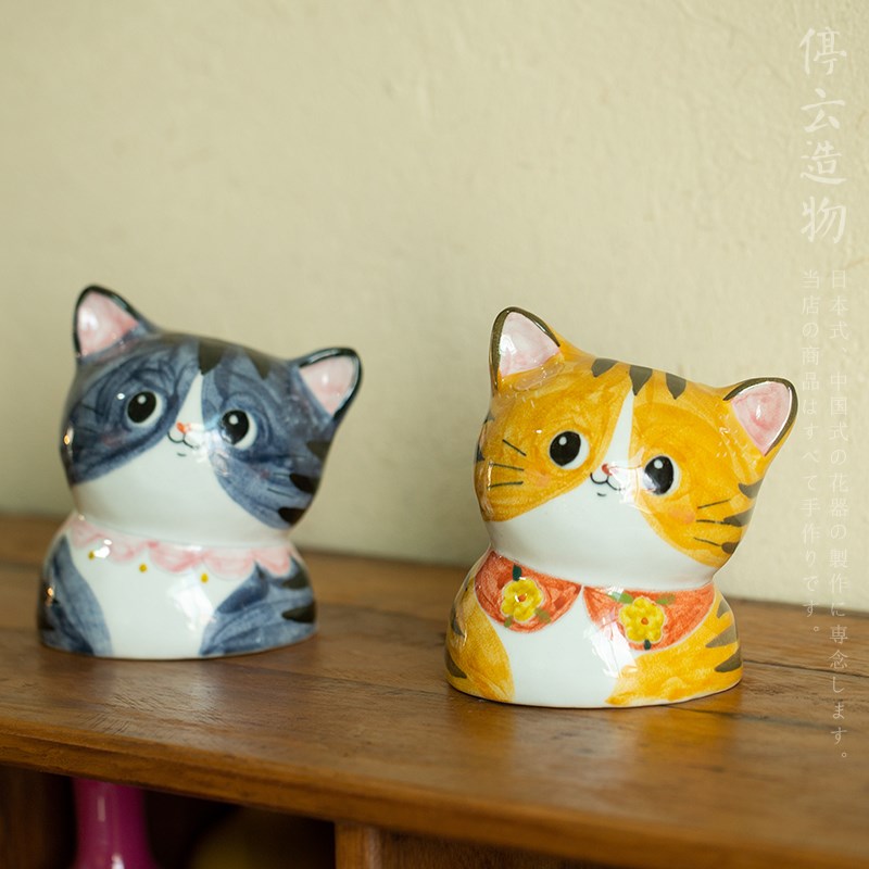 观瓷 猫形插花花器创意手绘陶瓷花瓶景德镇手工可爱歪头猫咪摆件