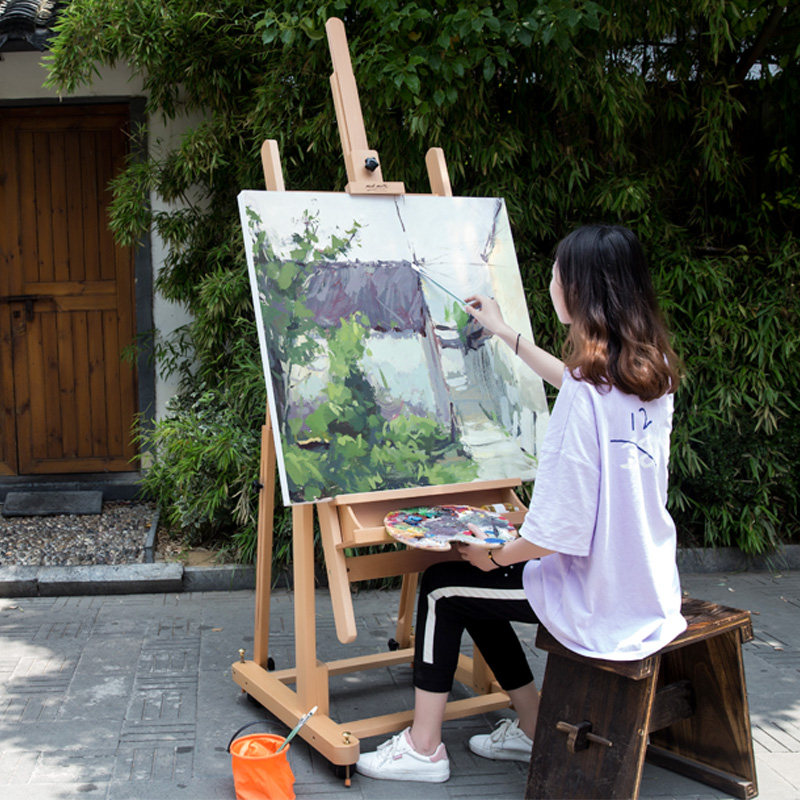 蒙玛特H型可升降实木画架平立两用多功能带轮室内展示画架