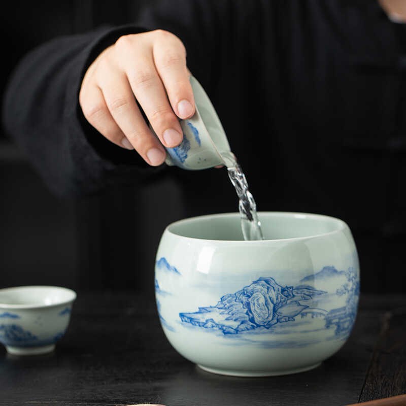 陶瓷茶洗 茶渣缸 笔洗茶具零配水盂大号家用青花洗杯水洗