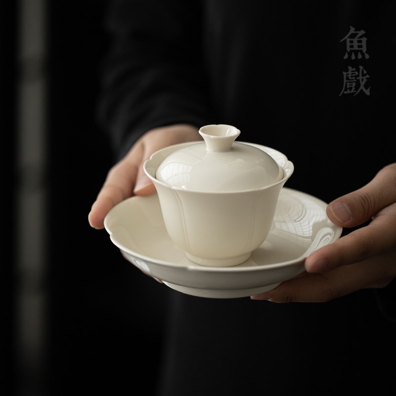 鱼戏手工陶瓷复古三才盖碗家用泡茶杯子茶碗壶承套装禅意功夫茶具