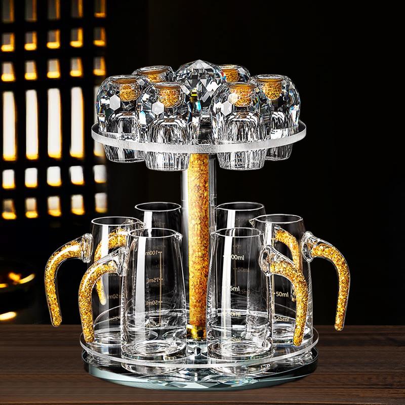 水滴蜂窝金箔水晶玻璃创意白酒杯套装烈酒杯小一口杯套装金箔杯架
