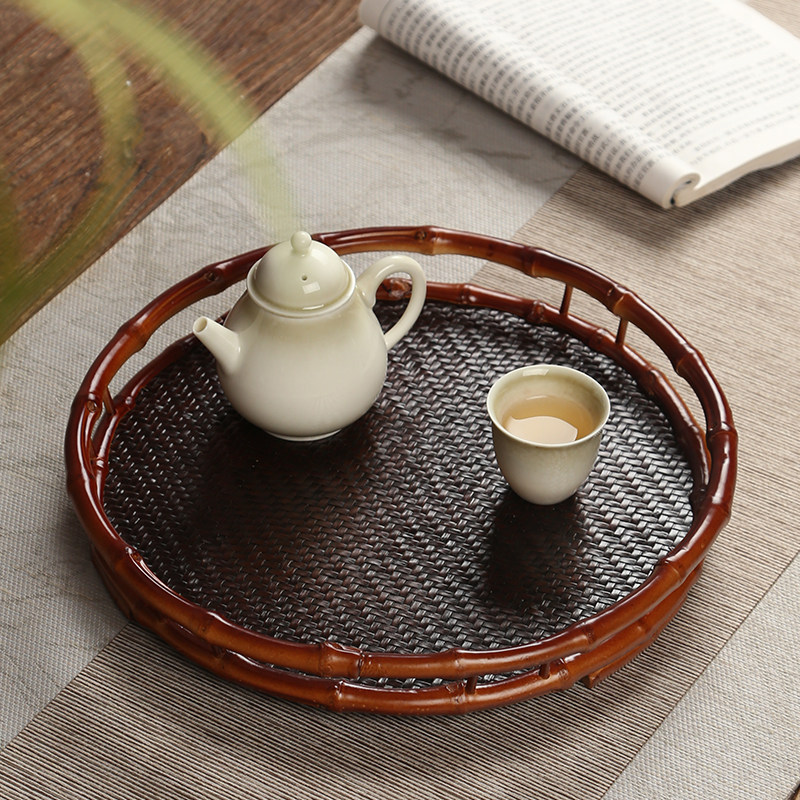 竹编茶道茶盘杯架托盘圆形竹制干泡台功夫茶具日式小茶桌收纳席面