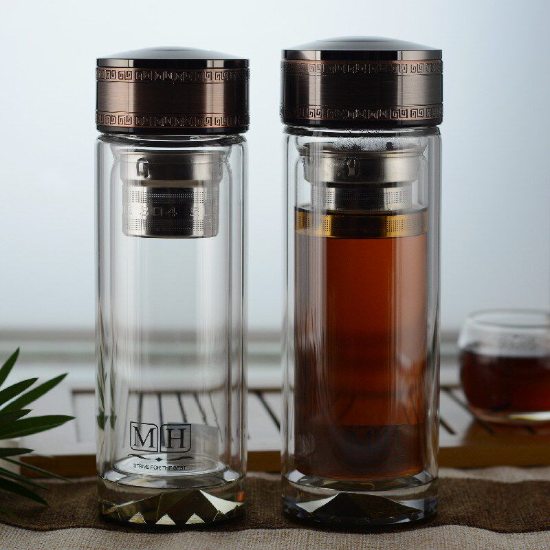 名辉双层高硼硅玻璃杯加厚大容量水晶底杯子便携防漏茶杯定制LOGO