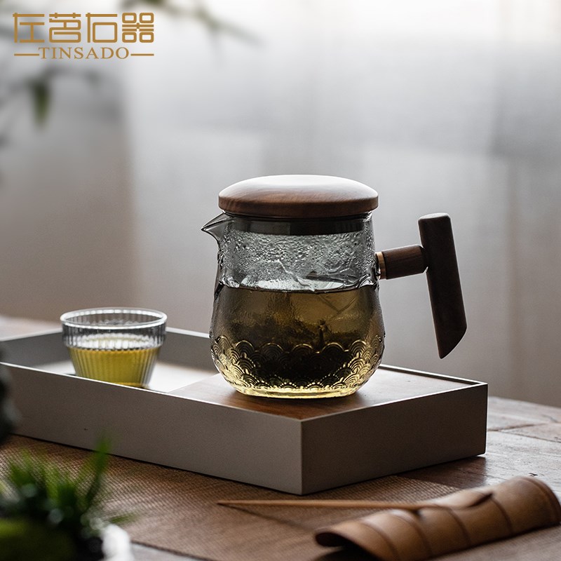 左茗右器透黑色山水玻璃壶家用茶具茶水分离木柄泡茶壶防烫单壶