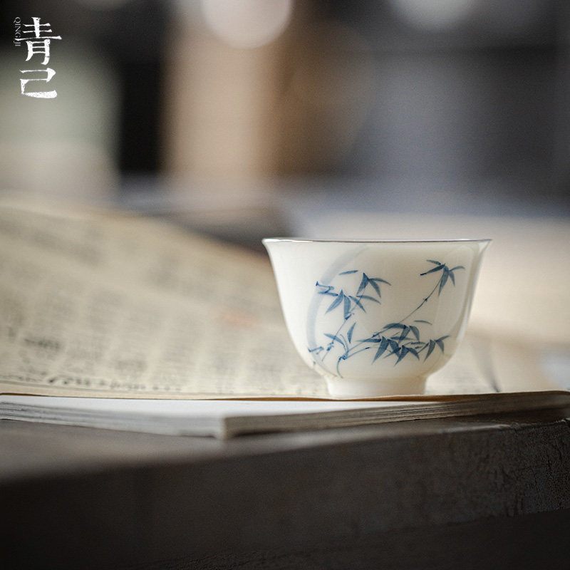 一品仟堂青己白瓷青花手绘品茗杯家用喝茶单杯功夫茶具君竹喝茶杯