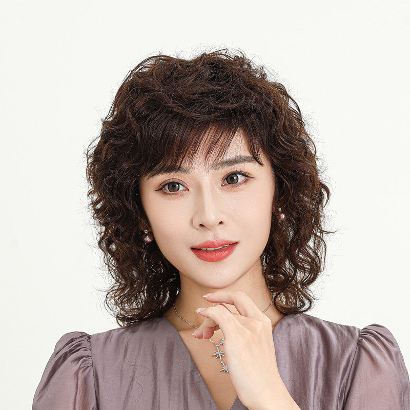假发女长卷发全真人发中老年女士全头套气质妈妈短卷发假发套一体