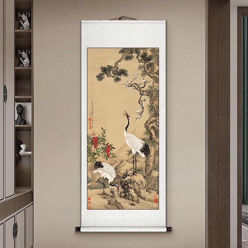 松鹤延年国画卷轴挂画竖版玄关画新中式客厅装饰画中国风茶室壁画