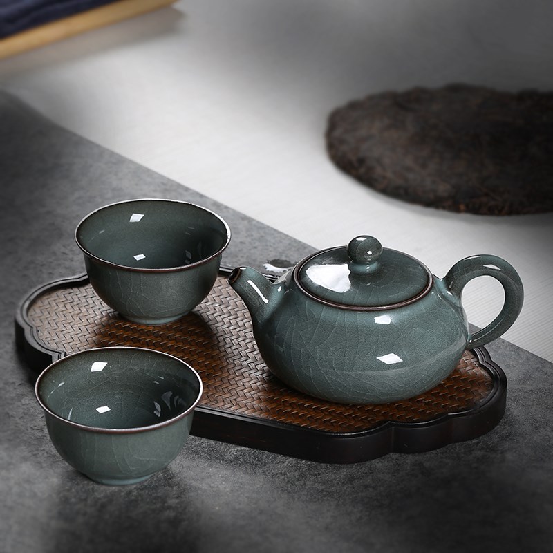 青瓷谢明东手工哥窑铁胎大号冰裂单茶壶套装泡茶功夫茶具一壶两杯