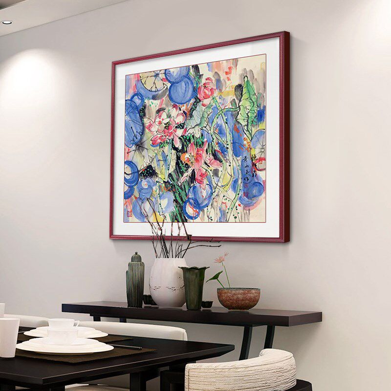 新中式黄永玉荷花图餐厅走廊过道装饰画入户玄关挂画手绘斗方壁画