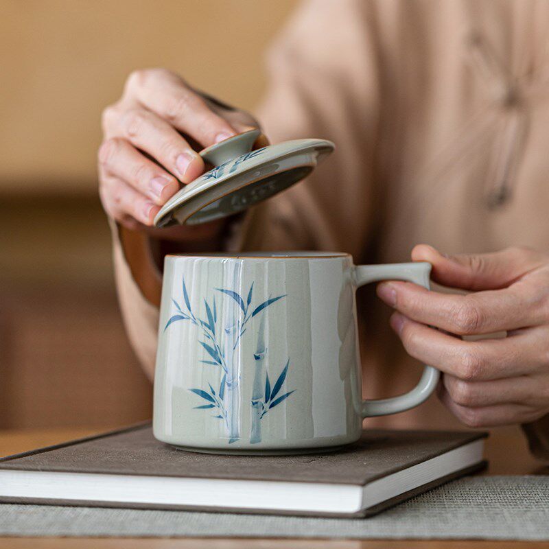画续釉下彩草木灰手绘竹子泡茶陶瓷办公室茶具杯子马克杯水杯带盖
