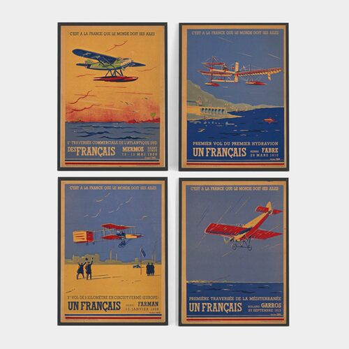 怀旧复古装饰画有框挂画墙壁 法国航空海报飞机法语欧美版画美式
