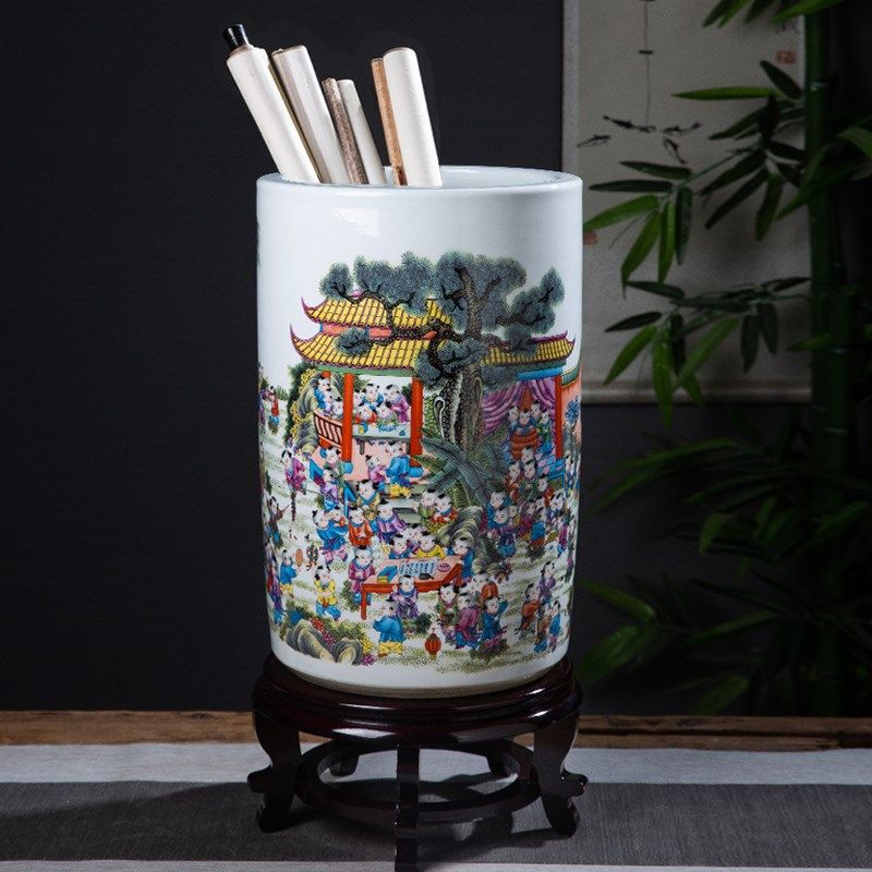 景德镇陶瓷器书画缸卷轴缸箭筒剑筒字画缸书房收纳花瓶百子图童子