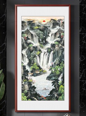 聚宝盆山水画挂画进门玄关画竖版八方来财装饰走廊过道壁画办网红