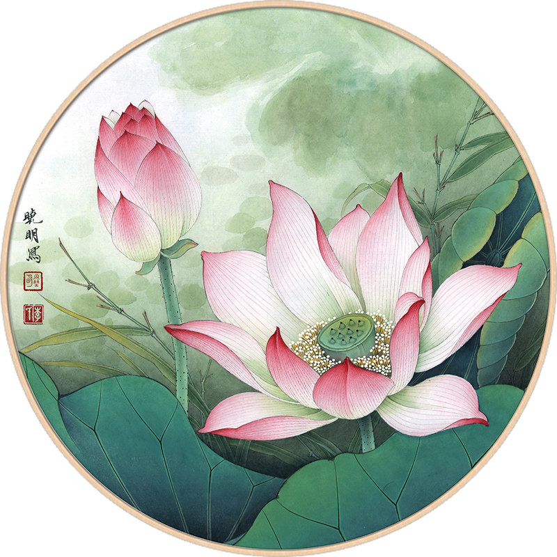 荷花装饰画圆形挂画新中式客厅玄关图墙面背景墙茶室禅意莲花壁画