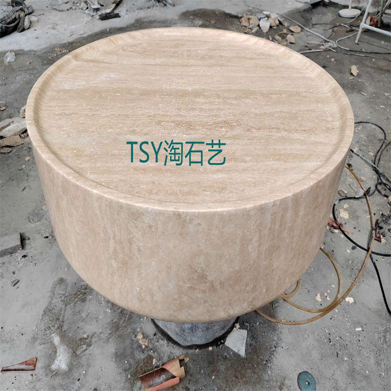 落地摆件茶几米洞石圆台天然大理石玄关餐桌