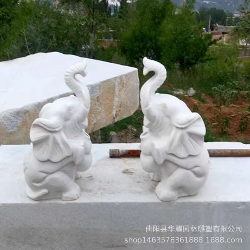 石雕喷水小象汉白玉大象喷泉一对户外园林庭院流水风水石象装饰
