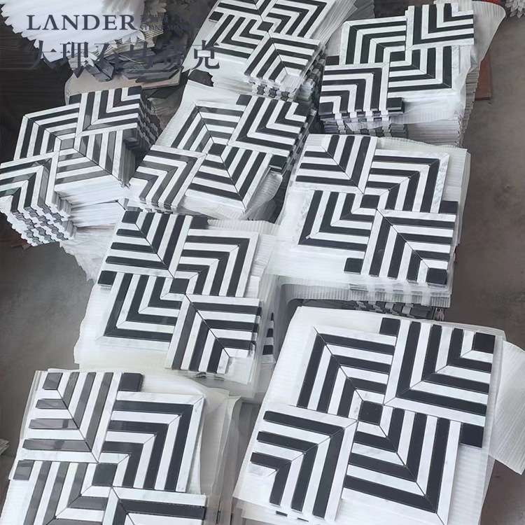 广东佛山天然石材马赛克黑白混色卡拉拉条形大理石拼花地面瓷砖