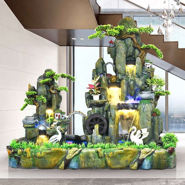 落地大型假山流水喷泉鱼缸风水轮加湿器创意摆件酒店庭院客厅装饰