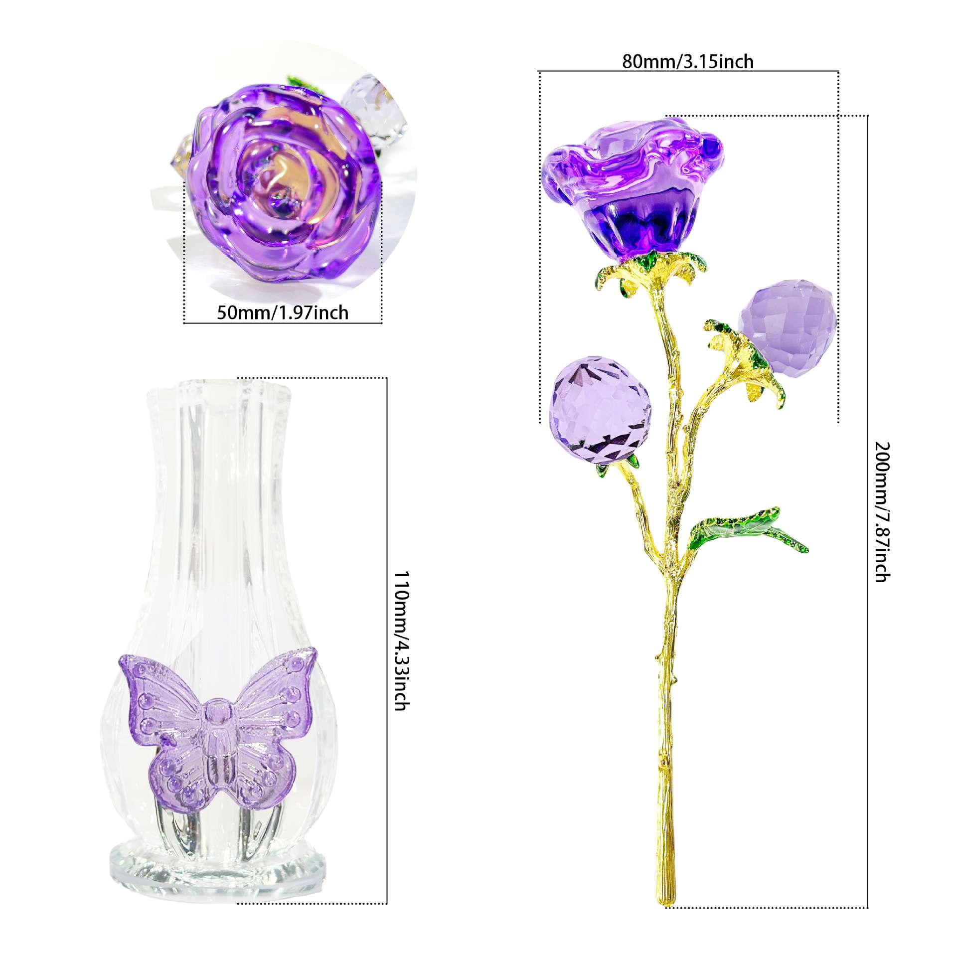 情人节水晶玫瑰花玻璃花瓶精致摆件客厅装饰品工艺品桌面简约装饰