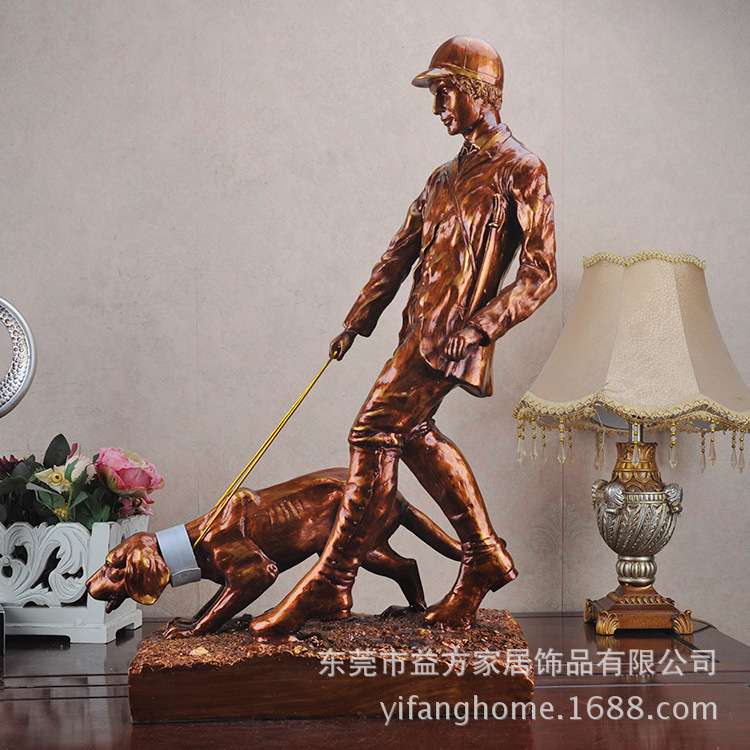 欧式树脂男孩牵狗摆件 复古工艺欧美酒店大厅家居装饰工艺品摆设