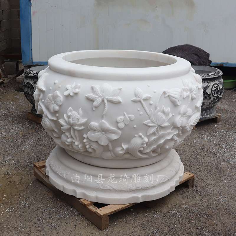 汉白玉鱼缸花盆石雕荷花缸室内庭院养鱼石缸家用石头水缸门海摆件