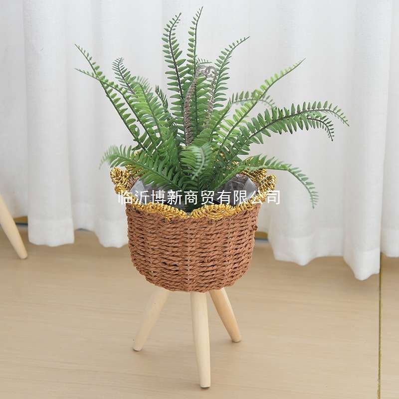 藤编落地式客厅植物花架实木花盆编织花篮子阳台绿植置物架跨境
