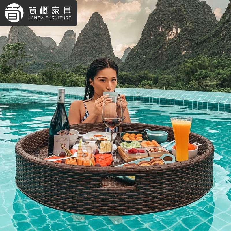 户外别墅泳池水上漂浮托盘网红酒店民俗餐盘早餐下午茶藤编篮子
