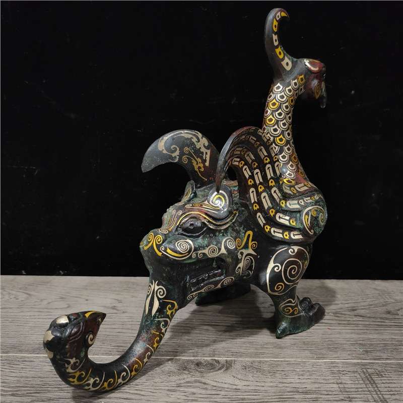 古摆件错金银工艺虎凤尊鸟形神兽古玩纯铜错银凤首兽尾双翼兽