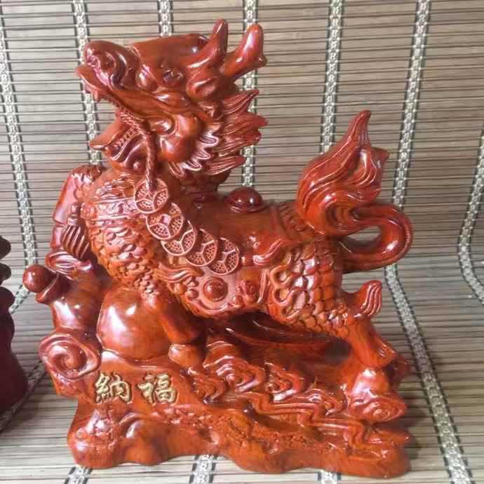 花梨木雕麒麟摆件一对家居玄关客厅办公桌面装饰品开业送礼工艺品