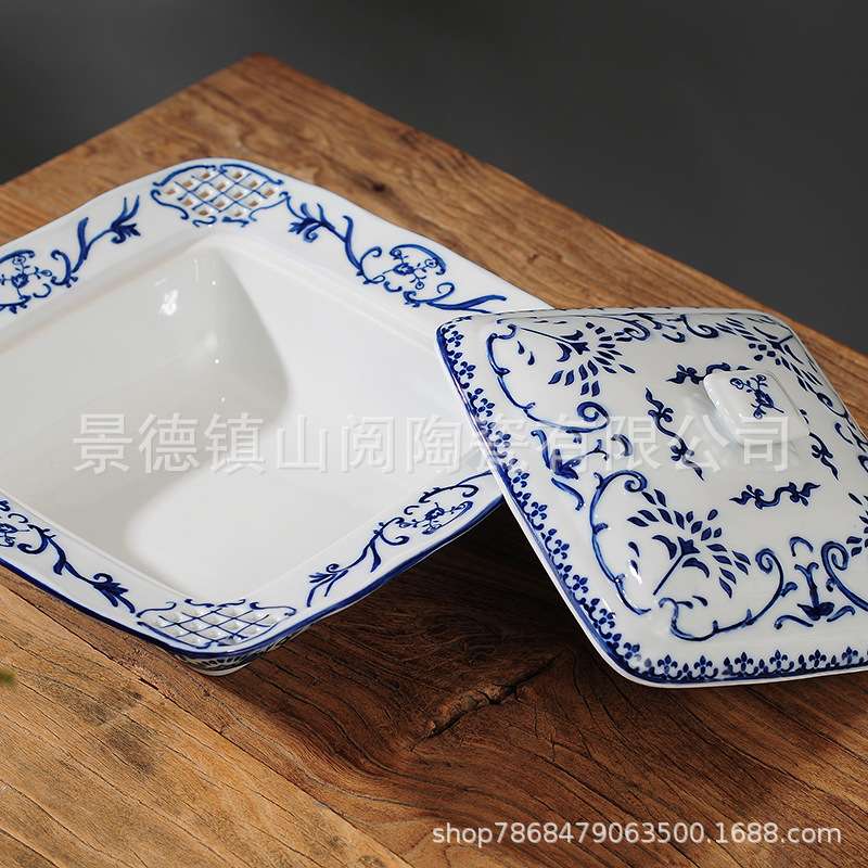 新中式陶瓷果盘带盖盘子水果盘藤条篮子摆件样板间客厅茶几装饰品
