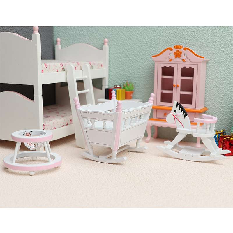 1:12娃娃屋dollhouse迷你家具模型儿童房套装摇篮小木马学步车粉